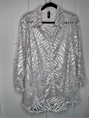berek Silver Metallic Semi Sheer Zebra-Print Button-Front Blouse Size Large